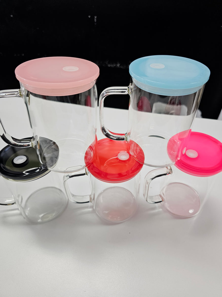 17oz Clear Sublimation Glass mug with plastic colored Lid – Cheer Haven ...