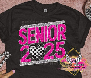 DTF Print * Back to School * Faux sequins Senior 2025 checkered heart