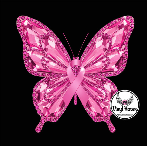 DTF Print * Cancer Awareness * FAUX RHINESTONE PINK BUTTERFLY