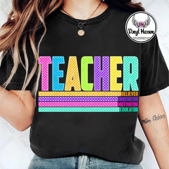 DTF Print * Back to School * Teacher retro neon checkered