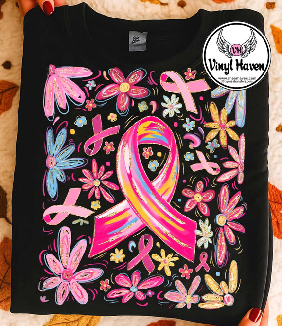 DTF Print * Cancer Awareness *  Floral brush stroke ribbon