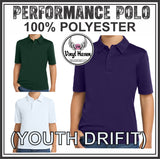 NEW * Performance Polo * 100% polyester * YOUTH SIZE * PRE-ORDER