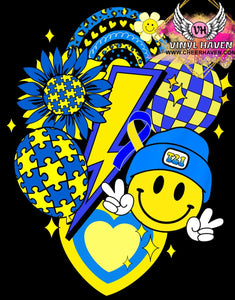 DTF Print * Down Syndrome Awareness * Retro happy face lightning bolt
