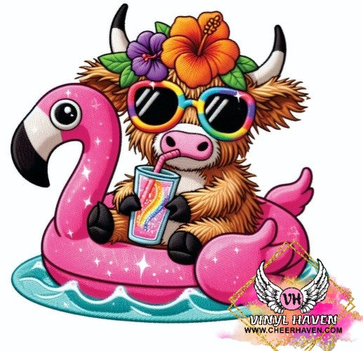 DTF Print * SUMMER * Highland Cow on Flamingo