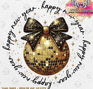 DTF Print * NEW YEARS * Happy New Year, Gold ball & coquette bow