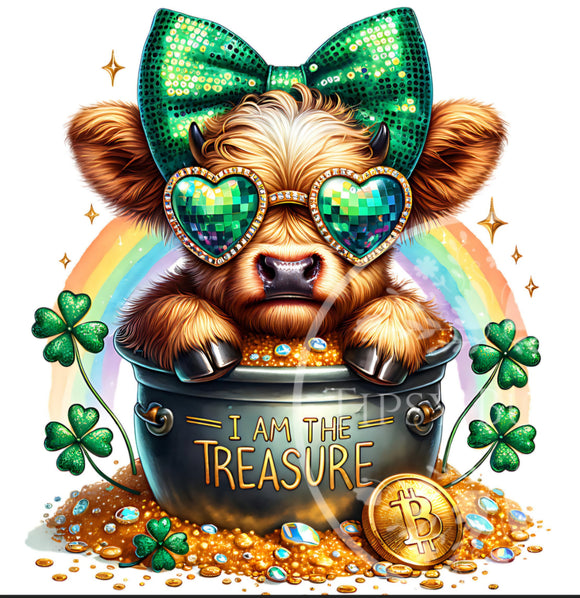 DTF Print * St. Patrick's Day * Highland Cow I am the Treasure with heart glasses