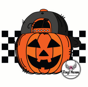 DTF Print * Halloween * Checkered Kid pumpkin with cap