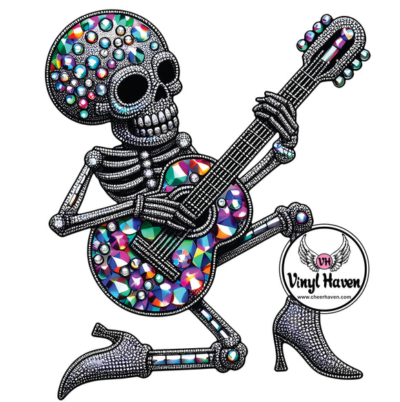 DTF Print * Halloween * Faux Rhinestone Skeleton with guitar