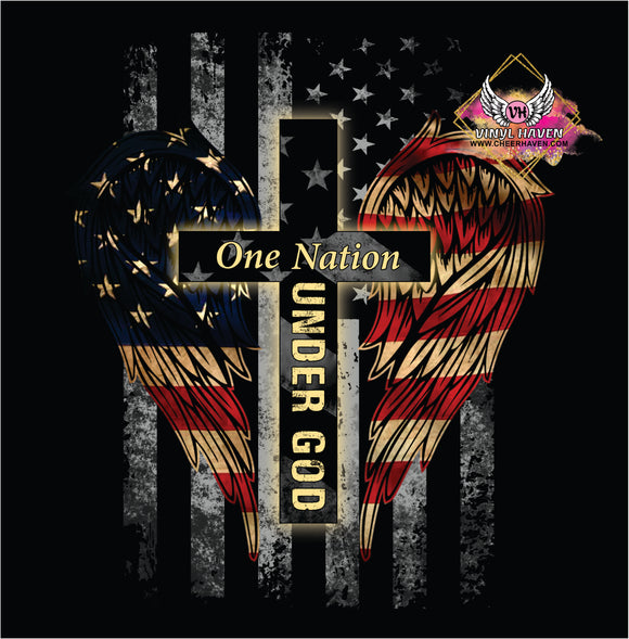 DTF Print * Patriotic * One Nation Under God Flag Cross wings