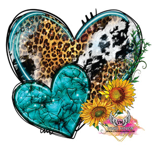 DTF Print * Western * Cow hide, Turquoise Hearts & Sunflowers