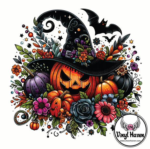 DTF Print * Halloween * Floral Pumpkin with witch hat