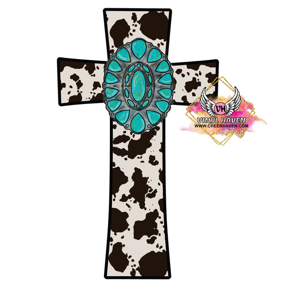 DTF Print * Western * Cowhide Criss With Turquoise gem