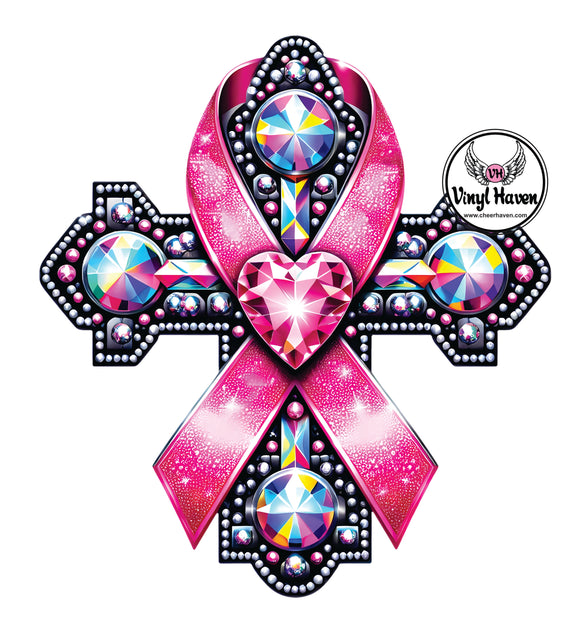 DTF Print * Cancer Awareness * Faux Rhinestone cross pink ribbon