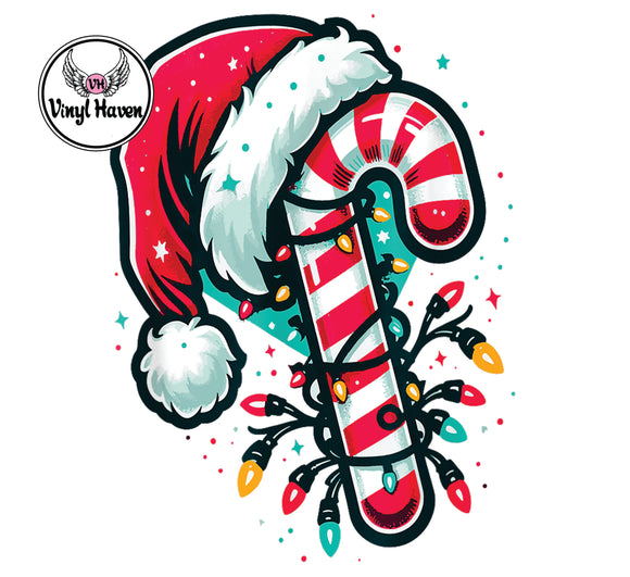 DTF Print * Christmas * Candy cane with Santa hat & lights