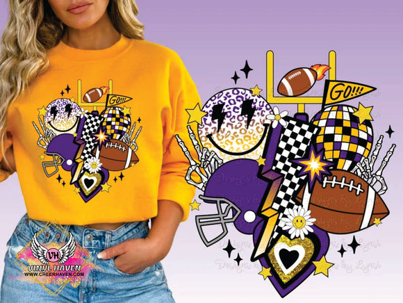 DTF Print * Back to School * Retro Football Game day smiley face * Purple