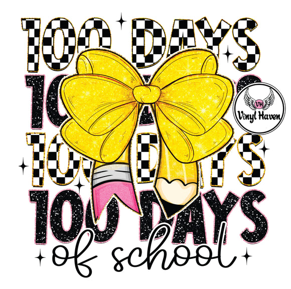 DTF Print * 100 Days Of School * 100 Days Checkered yellow bow