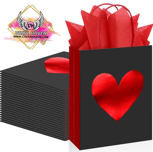 Valentine's Accessories * Metallic red heart BLACK paper gift bag w/tissue