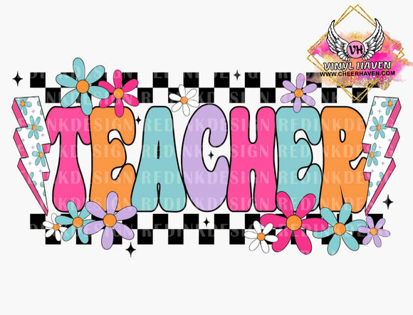 DTF Print * Back to School * Teacher retro flowers & checkered