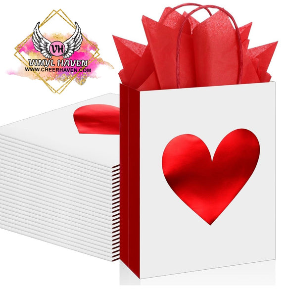 Valentine's Accessories * Metallic red heart WHITE paper Gift Bag w/tissue