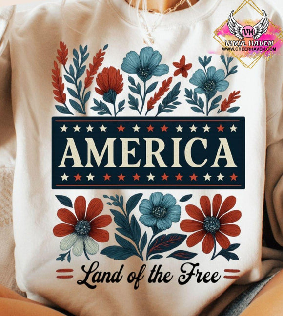 DTF Print * Patriotic * America Land of the Free Floral