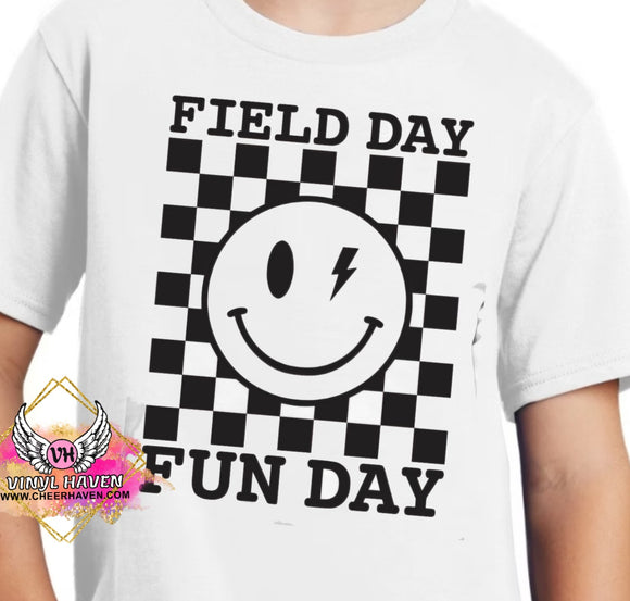 DTF Print * Field Day FUN DAY, smiley face checkered (Black ink)