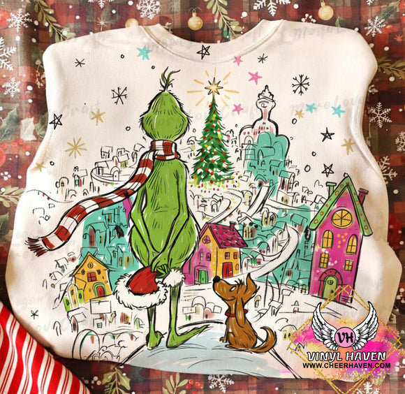 DTF Print * Christmas * Green guy, dog and village