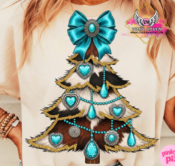 DTF Print * Christmas * Turquoise and cow hide print Christmas tree
