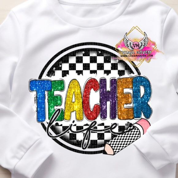 DTF Print * Back to School * Teacher Life faux glitter checkered circle