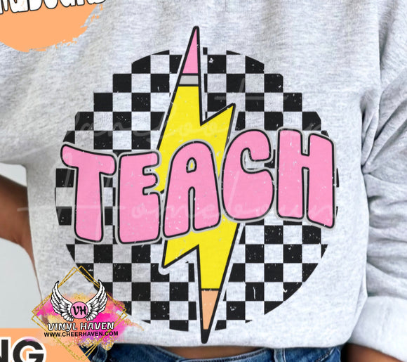 DTF Print * Back to School * Teach Checkered circle pencil * Teacher