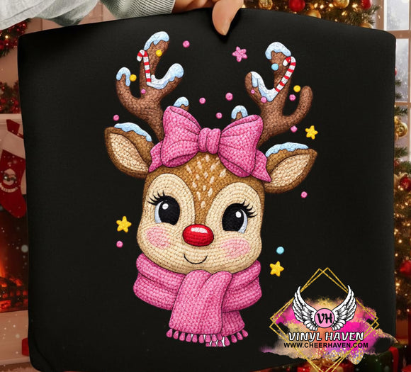 DTF Print * Christmas * Faux yarn/Crochet Reindeer in pink