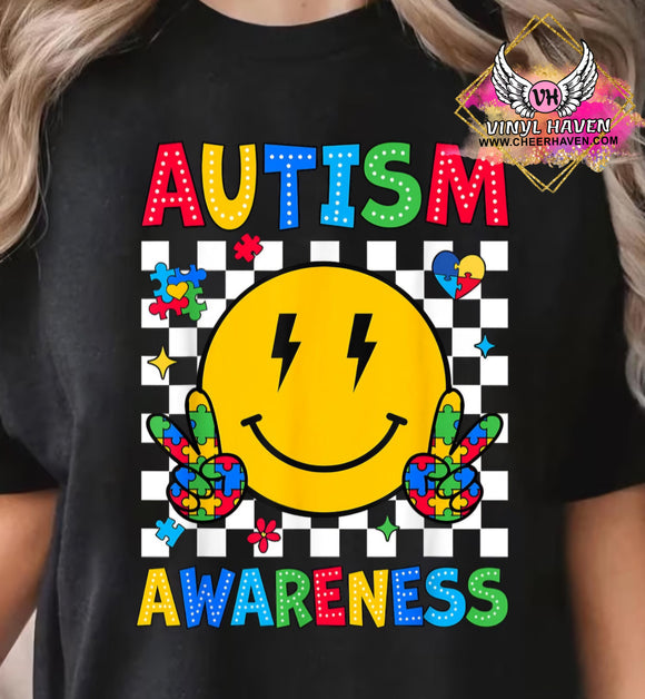 DTF Print * Autism awareness * Smiley face checkered background