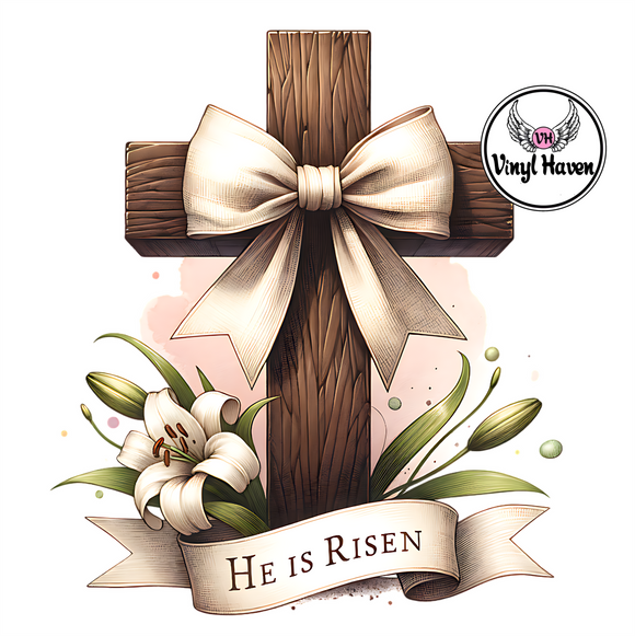 DTF Print * Easter * He is Risen Brown cross & Coquette bow