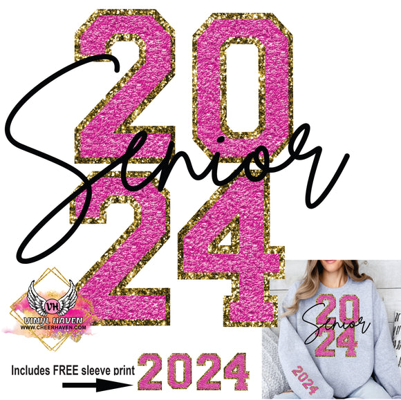 DTF Print *Pink Senior 2024 print (chenille look) FREE SLEEVE PRINT (2024)