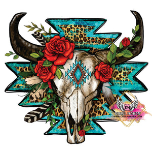 DTF Print * Western * Aztec & Roses Bull Skull