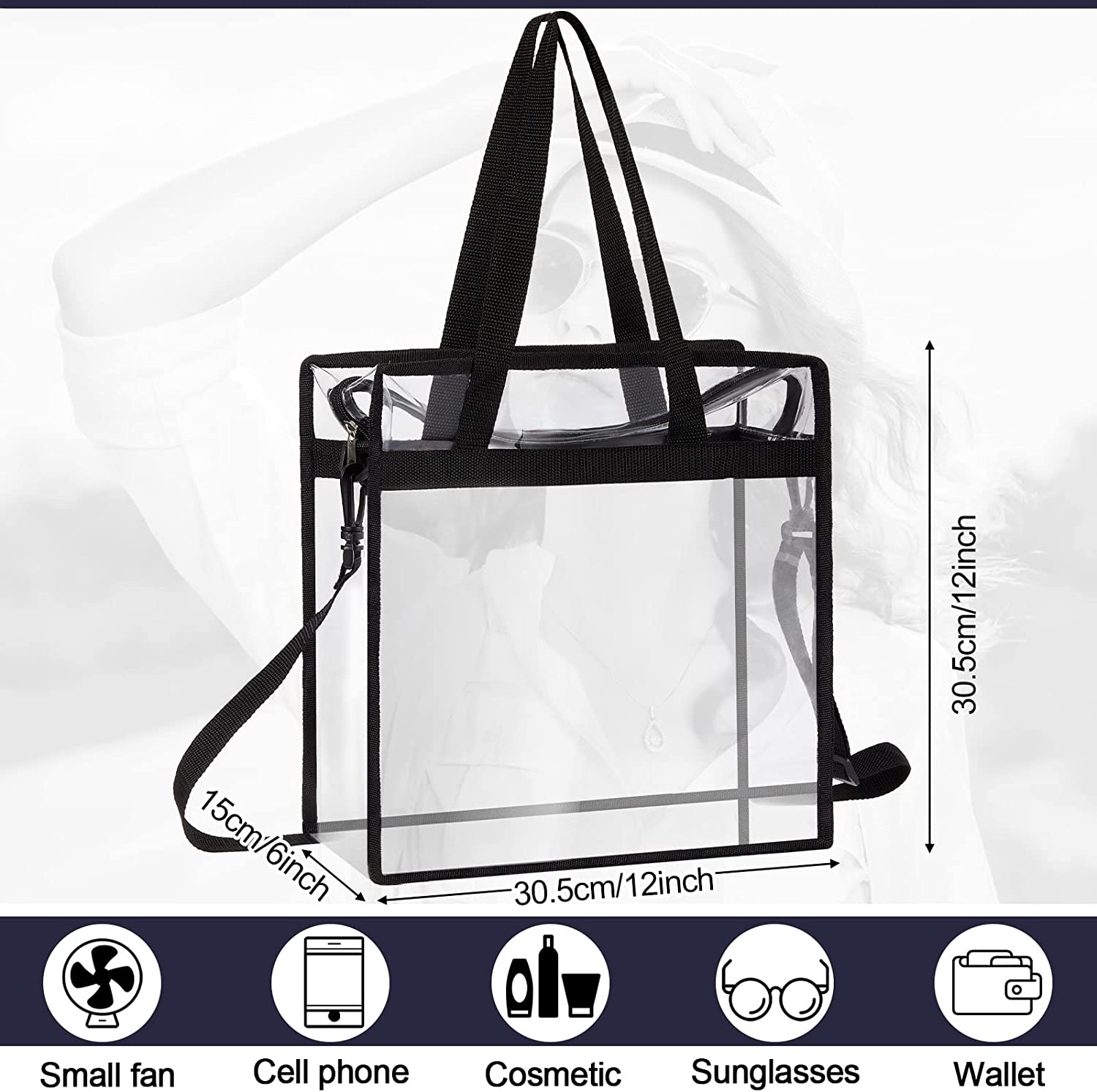 Clear Tote Bags with Zipper and Adjustable Strap 12 x 12 x 6 Inches * –  Cheer Haven LLC.