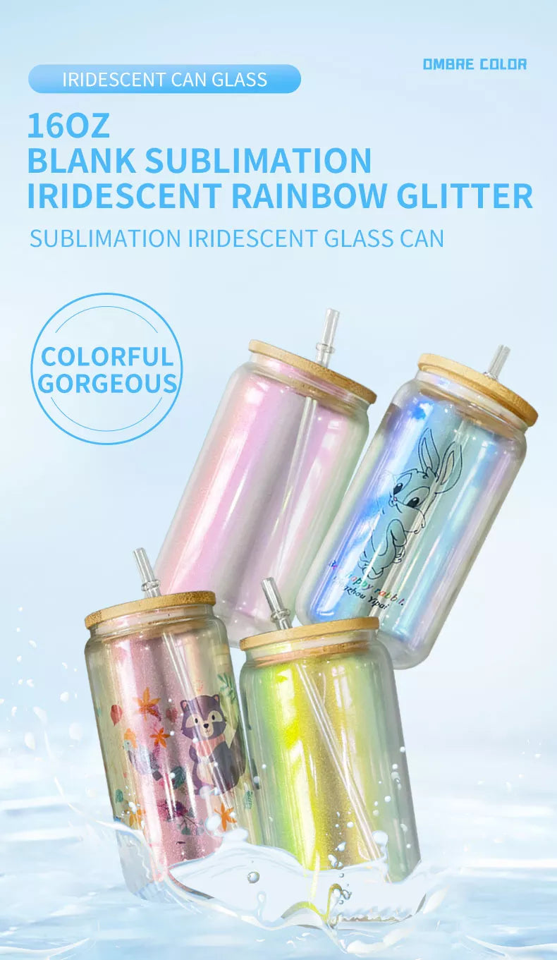 16 oz Iridescent Glass Tumbler with Bamboo Lid for Sublimation Blue